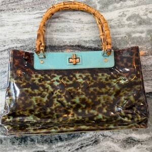 Monsac Translucent Print Bag with Bamboo Handle